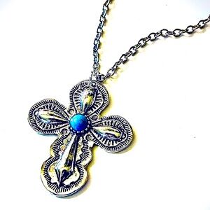 New Sterling Silver Handmade Natural Turquoise Religious Catholic Cross Necklace